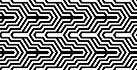 Futuristic technologic background by elements of hexagon. Black white striped seamless pattern. Op art, optical illusion. Vector texture.