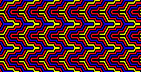 Futuristic technologic background by elements of hexagon. Multi-colored striped seamless pattern. Bright and colorful modern vector texture. Op art.