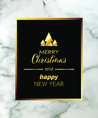 Elegant Merry Christmas and Happy New Year text on Christmas card. Gold and marble textures