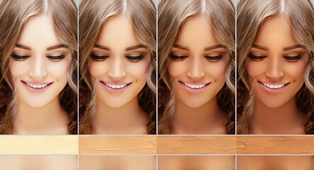 Beauty visual about suntan. Model's face divided in parts - tanned and natural.Different tones of...