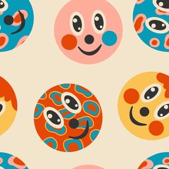 Hand drawn abstract shapes, funny cute comic characters, seamless pattern, ornament. Cartoon style. Flat design. Vector illustration.