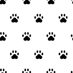 Fototapeta na wymiar Vector illustration. Black-white seamless pattern. Black footprints of a wild animal in flat cartoon style. Cat paws. Contemporary art for print, promotional items.