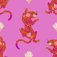 Trendy seamless pattern with folk art tigers