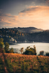 Beautiful sunset over the lake in the mountains