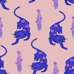 Floral seamless pattern with folk art tigers