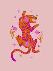 Folk art illustration with roaring floral decorated tiger