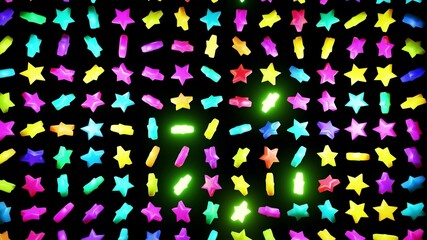 abstract festive background light bulbs with star shape on plane. Multi-colored stars rotate. Amazing beautiful bg. 3d rendering
