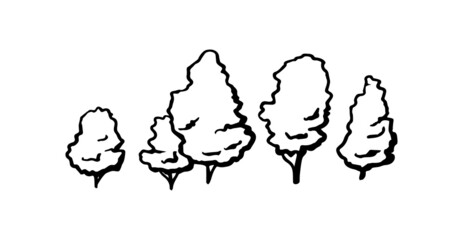 Tree vector hand drawn sketch. Simple cartoon style trees set. Black ink line Illustration isolated on white background
