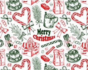 Sketch drawing pattern with green and red Merry Christmas text, hot chocolate, marshmallow, mistletoe, candy cane, gift, present, bow isolated on white background. Mug of cocoa. Vector illustration.  - 469388281