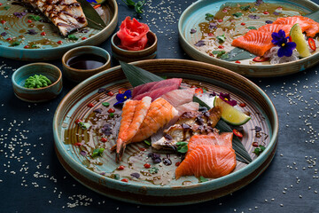 Sashimi set, Japanese food sashimi a traditional dish of raw fish served on the table with copy space