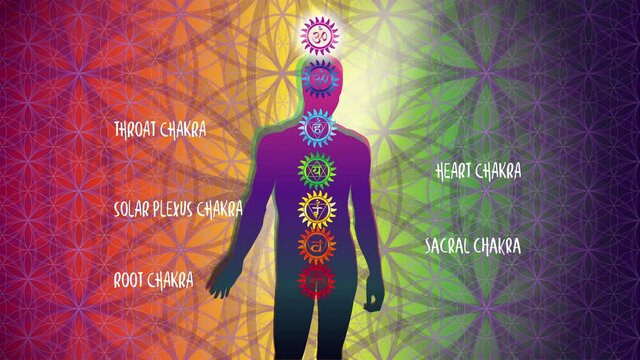 Chakra system. A colorful, symbolic visual representation of the location and operation of human energy centers. Looped animation with a thematic text description. 