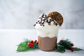 Chocolate coffee sweet drink with whipped cream decorated