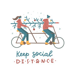 Christmas in new normal concept. Young couple - man and woman - carrying pine tree for christmas tree while riding very long tandem bicycle or quint. Keep social distance. Flat vector illustration.