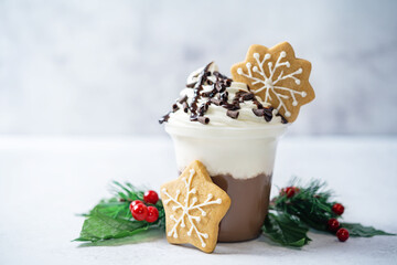 Chocolate coffee sweet drink with whipped cream decorated