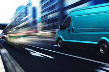Fototapeta na wymiar Transportation service with a cyan van moving fast on the road