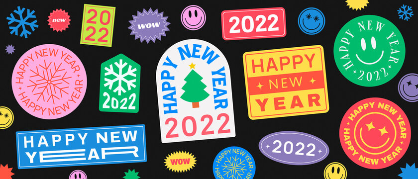 Abstract Hipster Cool Background with Stickers, Pins, Patches and Badges. Happy New Year 2022 Trendy Illustration.