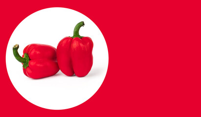 two red ripe peppers, red, on a white background with a shadow, space for the text on a red...