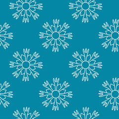 Seamless Pattern of Snowflakes in doodle style, white on a blue background. Winter decor for Christmas and New Year. Design of textiles, wrapping paper, cards, banners. Vector linear illustration.