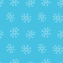 Seamless Pattern of Snowflakes in doodle style, white on a blue background. Winter decor for Christmas and New Year. Design Snow-flakes of textiles, wrapping paper, cards. Vector linear illustration.