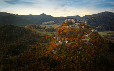 Fototapeta na wymiar View of Hochosterwitz Castle, one of Austria most impressive medieval castles dating back to the 9th century and one of the landmarks of Carinthia. Autumn morning in Alps, castle on the hill