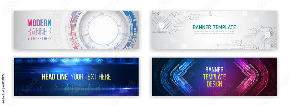Poster Set of modern banner templates for websites. Abstract social media cover design. Horizontal header web background. High tech design with technological elements. Science and digital technology concept