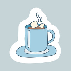 Hot cup of Chocolate with Marshmallows. Winter Hygge. Vector illustration in Scandinavian, Nordic style. Hand drawn and Sticker design.
