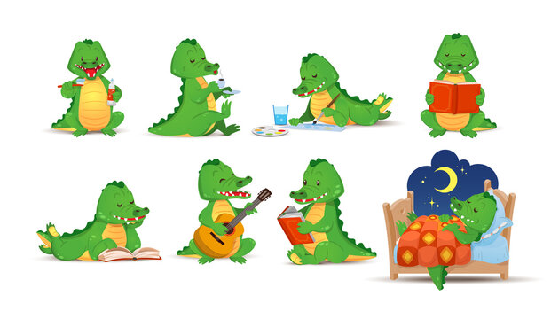 Cute figurines of green crocodiles doing their daily activities. The alligator reads, drinks, sleeps, brushes his teeth. Vector illustration in cartoon style, isolated flat on white background