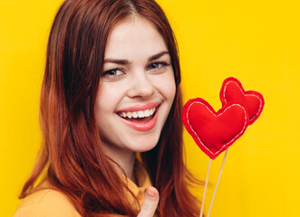 pretty woman heart on a stick emotions holiday yellow background