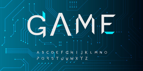 Geometric font alphabet letters. Modern logo typography. Minimal futuristic typographic design. Bevel letter set for tv series, cinema headline and cover title, trendy type.