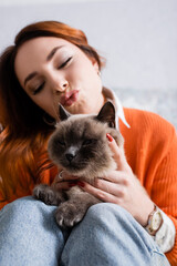 blurred woman with closed eyes pouting lips near fluffy cat at home