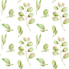 watercolor hand drawn seamless pattern with different type of green leaves and branches. Spring branches and leaves isolated on white background. Real watercolor painting.
