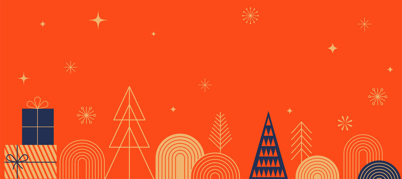 Simple Christmas background, elegant geometric minimalist style. Happy new year banner. Snowflakes, decorations and Xmas trees elements. Retro clean concept design