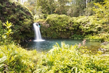 Natural waterfall off the Road to Hana Highway in Maui, Hawaii.