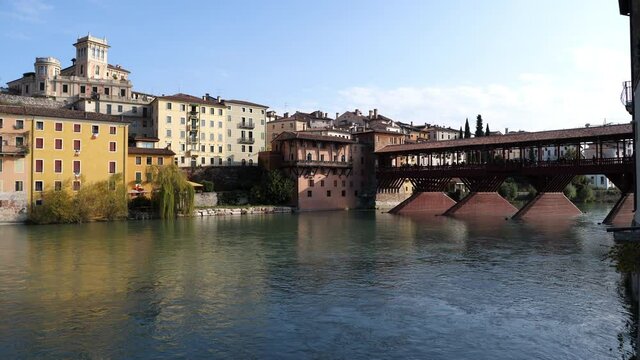 Bassano del Grappa, view of Ponte sul Brenta, or Ponte Vecchio, Ponte di Bassano o Ponte degli Alpini, famous place of Vicenza, Veneto, Italy