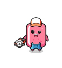 the woodworker bubble gum mascot holding a circular saw