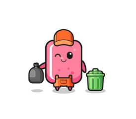 the mascot of cute bubble gum as garbage collector