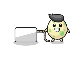 spotted egg cartoon is pulling a banner