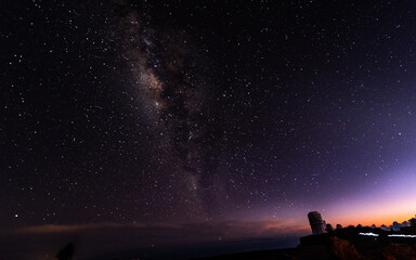 Night view from Haleakala National Park, with the Observatory and Milky Way on the background - Maui, Hawaii, United States. - 469395264