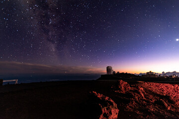 Night view from Haleakala National Park, with the Observatory and Milky Way on the background - Maui, Hawaii, United States. - 469395274