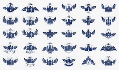 Vintage castles vector logos or emblems, heraldic design elements big set, classic style heraldry architecture symbols, antique forts and fortresses.