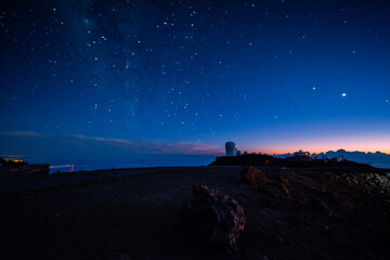 Night view from Haleakala National Park, with the Observatory and Milky Way on the background - Maui, Hawaii, United States. - 469395299