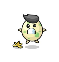spotted egg cartoon is slip on a banana peel