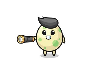 spotted egg mascot holding flashlight