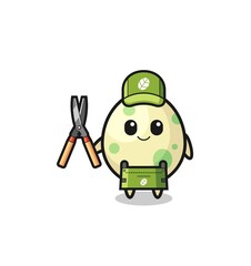 cute spotted egg as gardener mascot