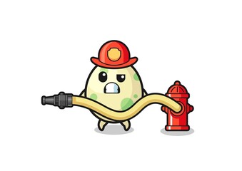 spotted egg cartoon as firefighter mascot with water hose