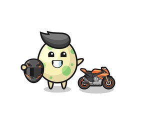 cute spotted egg cartoon as a motorcycle racer
