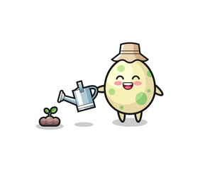 cute spotted egg is watering plant seeds