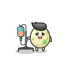 cute spotted egg character standing with infusion pole