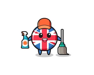 cute united kingdom flag character as cleaning services mascot