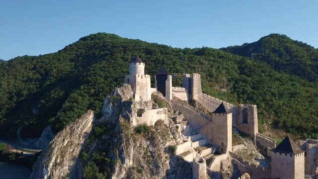 Drone view of beautiful Golubac fortress and Danube river in Serbia
